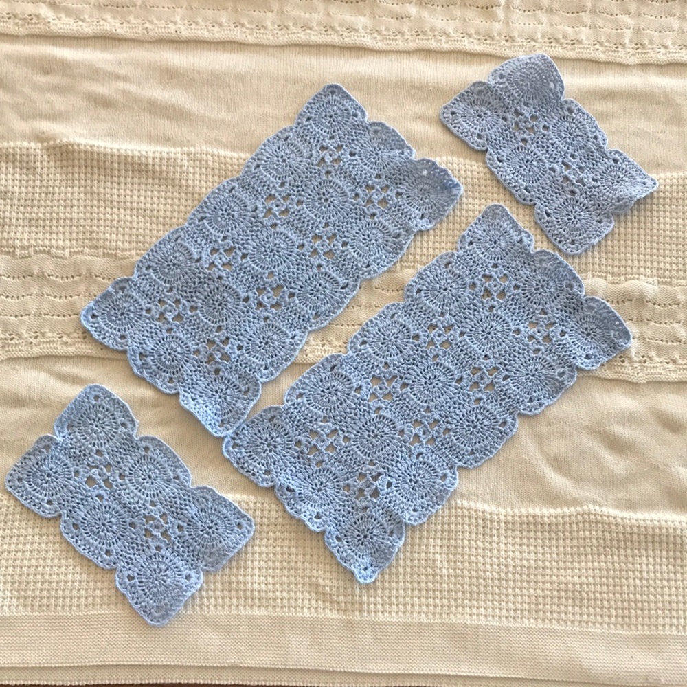 Bundle of 4 Handmade Vintage Soft Blue Crochet Doilies Rectangular